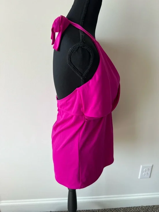 Athleta Womens Faux Wrap Tankini Top Pink Stretch Halter Neck Tie 38D/DDT - Picture 5 of 9